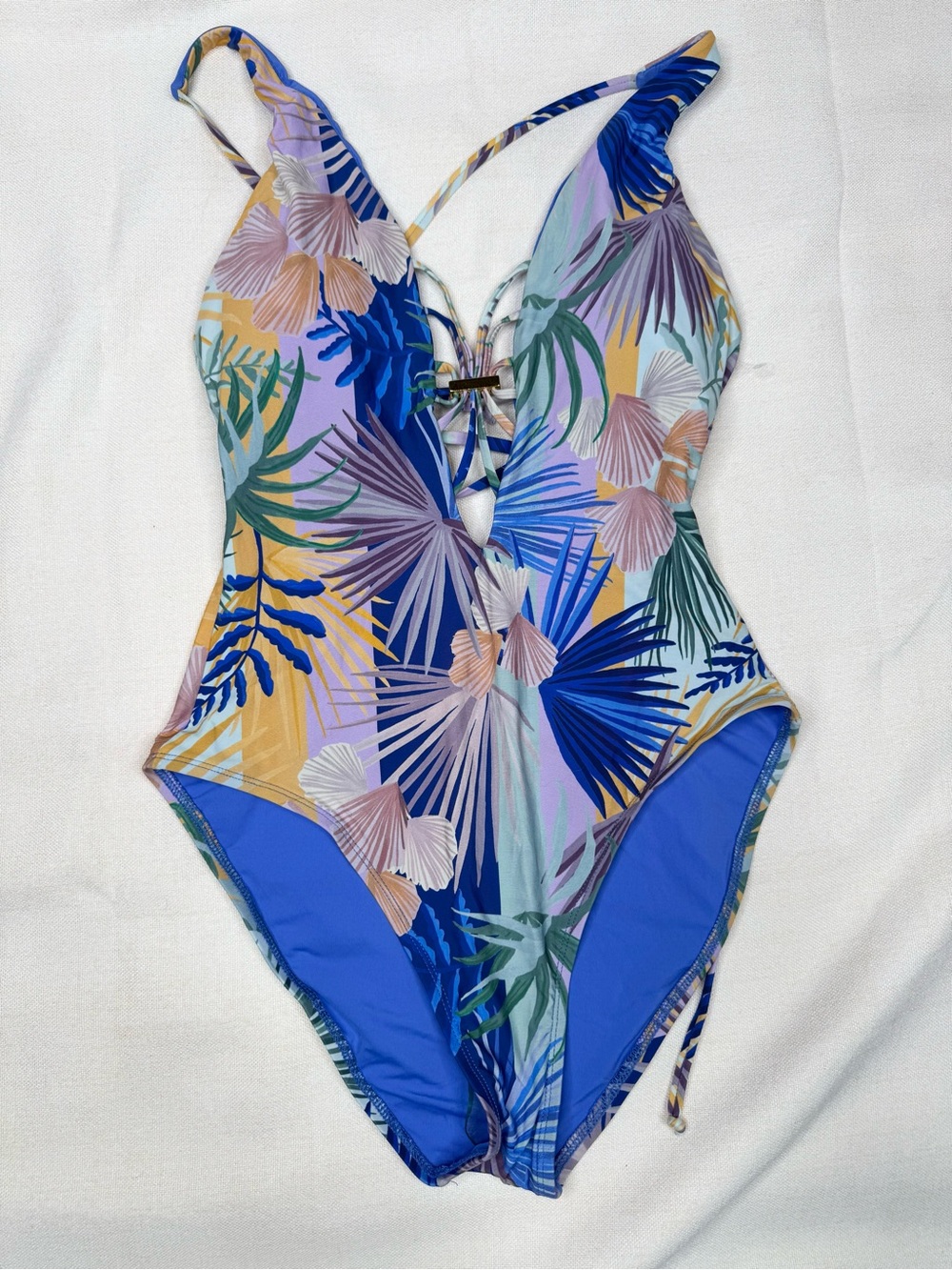 BECCA Tropical Floral Palm Leaf One Piece Swimsuit Womens M Plunge Cutout